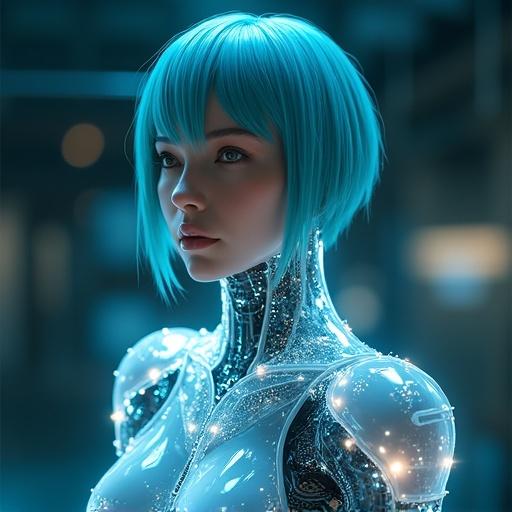 Full body shot of a female cyborg with a pixie cut. Cyberspace atmosphere. Transparent armor and bodysuit with glowing circuits. Futuristic setting with advanced technology. Light bending and refracting effect around her form. Metallic texture and detailed features discernible. Complex visual effects.