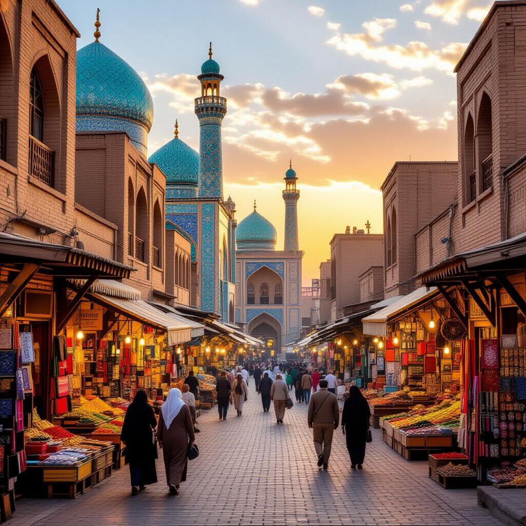 Bustling traditional Iranian city with Safavid architecture. The mosque features vibrant turquoise domes and intricate tilework. Mud-brick buildings showcase wooden lattice windows. Narrow cobblestone alleys are alive with people in traditional clothing. Small spice and fabric market provides vibrancy. Warm sunset light enhances the nostalgic mood. Realistic photography captures the lively essence.