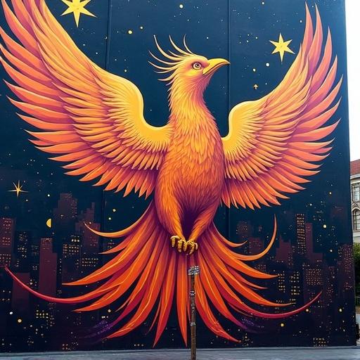 Giant phoenix mural on city wall. Phoenix has starry wings. Contemporary urban mural style. Bright colors like gold and purple. Bold outlines and sweeping motion. Influenced by Diego Rivera. Ultra high resolution. Ambient streetlight adds atmosphere.