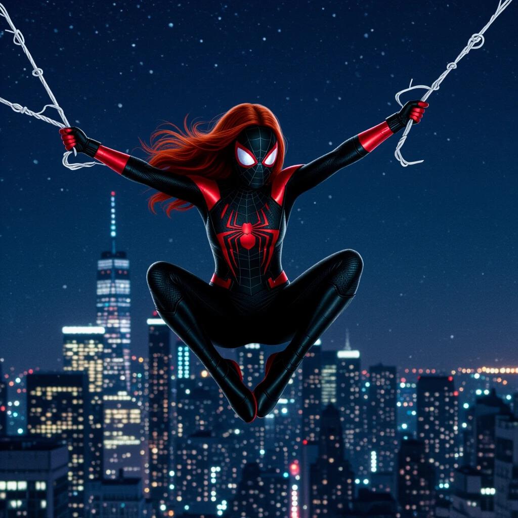 Woman in Spider-Man's black outfit swings across the night skyline without her mask