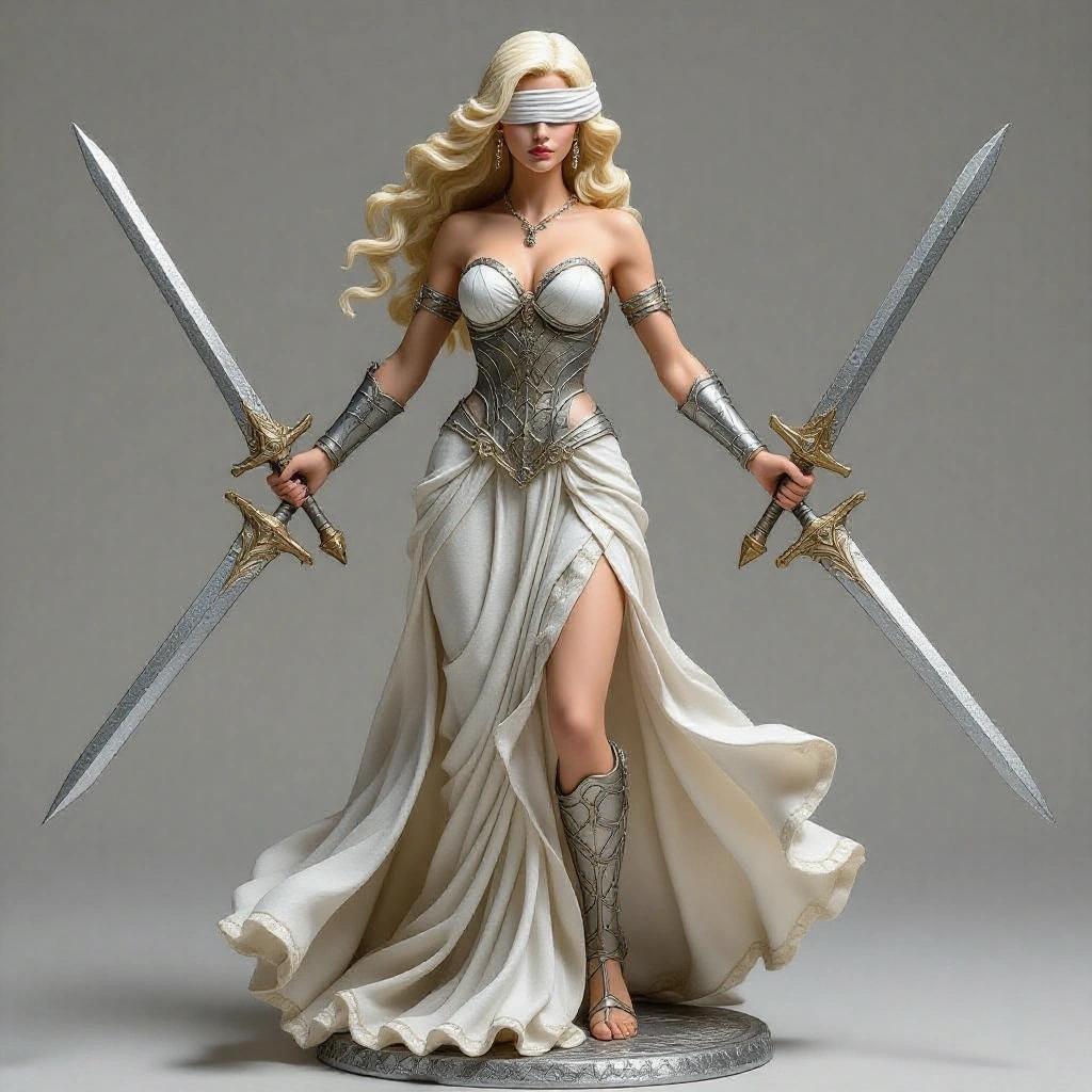 Resin statue of a goddess inspired by Libra sign. Sensual and powerful blonde woman. Blindfolded in an imposing pose. Legs visible with dress moving in the wind. Holds two symmetrical long swords. Tight metallic corset with light armor. Greek-style dress with ruffles and elegant neckline. Colors include silver, pearl gray, and white. Neutral background with no floating elements.