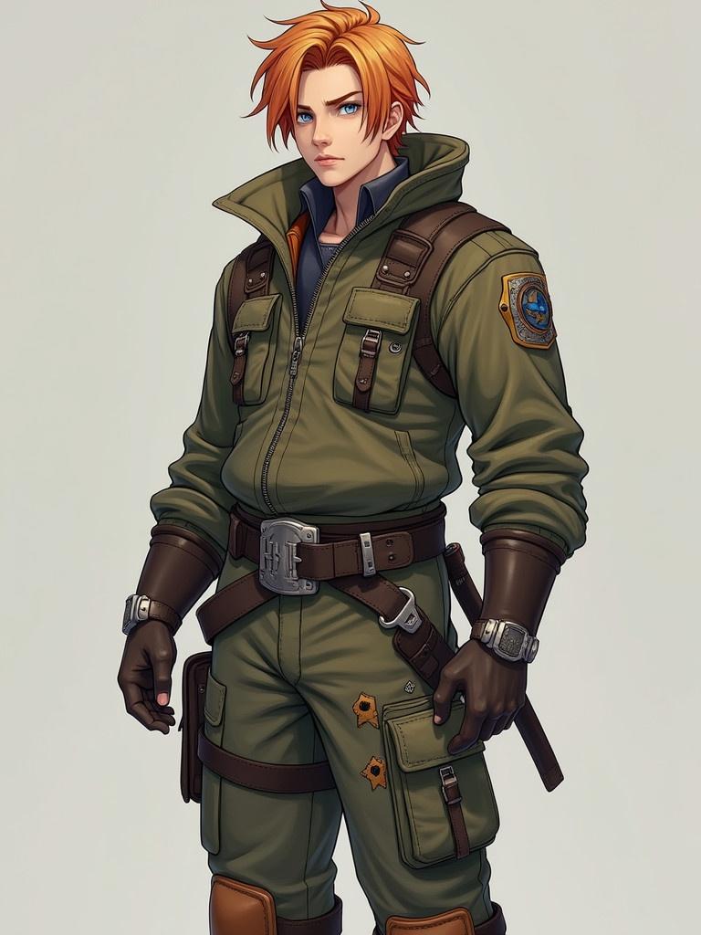 A detailed character from fantasy genre with orange hair. The outfit includes cargo pants and many details. The character appears serious and has blue eyes. The design includes elements typical of fantasy. The style is inspired by animations.