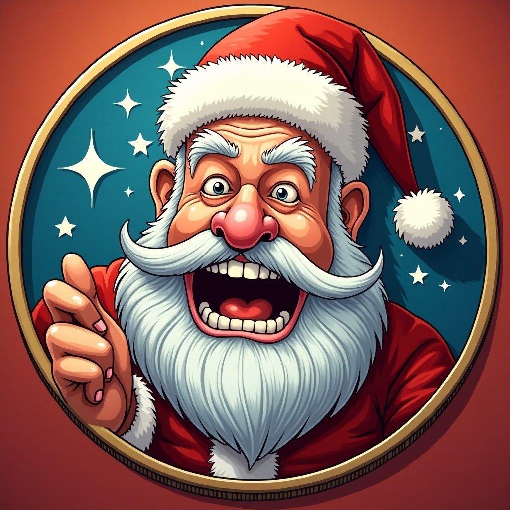 Image designed for a meme coin. Mix of Santa and a humorous meme character.