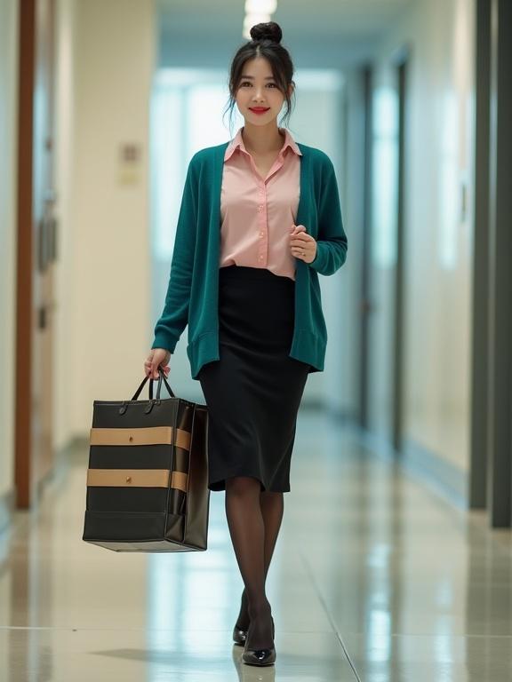 Full body image of a late-20s Korean female secretary walking in her company. Holding a large bag with bento boxes for lunch. She wears a blush-pink blouse and a black knee-length skirt. A teal cardigan is worn over her outfit. Dark-brown pantyhose and black pumps complete the look. Her hair is in a neat bun. She has light makeup and a cute red lip smile. Office lighting is vivid.