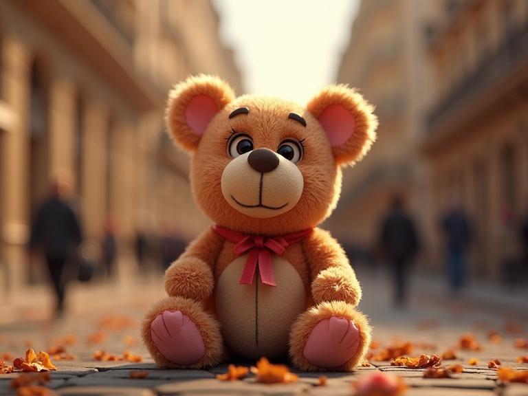 A teddy bear in a vibrant 3D Pixar style. The bear is situated on a cobblestone street in Paris. Autumn leaves are scattered on the ground. Warm sunlight enhances the scene.