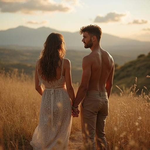 A natural photo of a couple on their first date. They are leaning on a railing, looking at each other with connection. Beautiful landscape in the background.