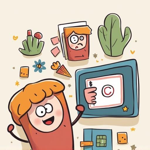 Cartoon image depicting flash cards for studying. A silly character holds a study card with a dollar sign. Surrounding items include other cards, snacks, and cacti.