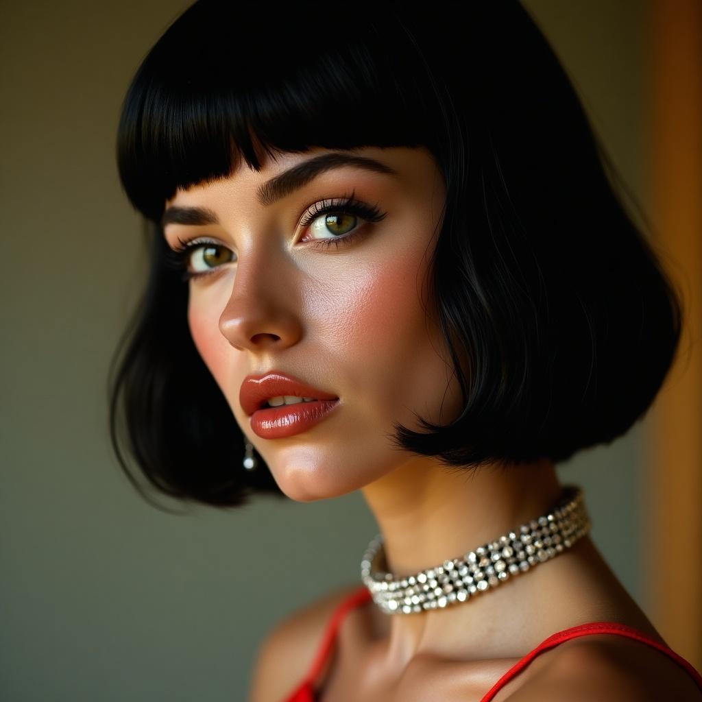 Highly realistic portrait showcases a woman with a sleek black bob haircut. She wears a sparkling diamond choker and stud earrings. Skin texture features detailed freckles and visible pores. Subtle makeup highlights glossy lips. Shot on Cinestill 800 film. Warm tones with a slight grain enhance the image. Background is soft focusing on the subject.