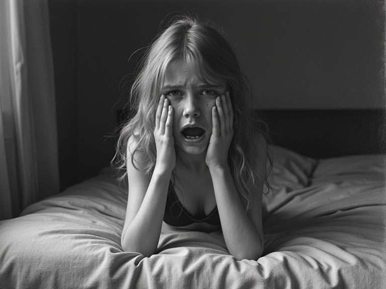 Pencil drawing of a scared girl crying in bra. She sits in a dark bedroom. Frontal view highlights her fearful expression and vulnerability.