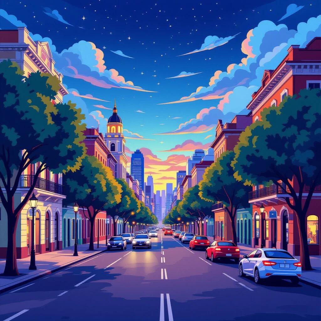 Vibrant animated digital artwork showing Buenos Aires city. Street scene with colorful buildings. Lively atmosphere with trees lining the street. Night sky with clouds above.