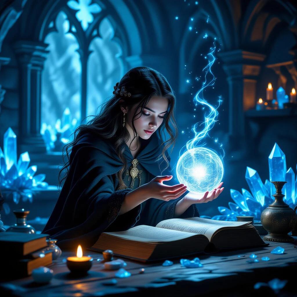 Dimly lit chamber filled with blue crystals. Young sorceress leans over a book. Delicate fingers poised above a glowing orb. Dressed in dark cloak. Long hair cascades over shoulders. Expression of concentration. Surrounded by potions and spell components. Flickering candlelight contrasts cool tones. Shadows from stone archways suggest enchantment.