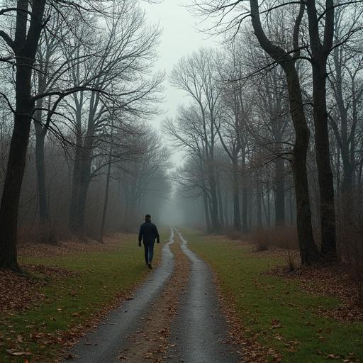 A misty path in a city park with bare trees. A figure walks alone down the road. The atmosphere is quiet and serene.