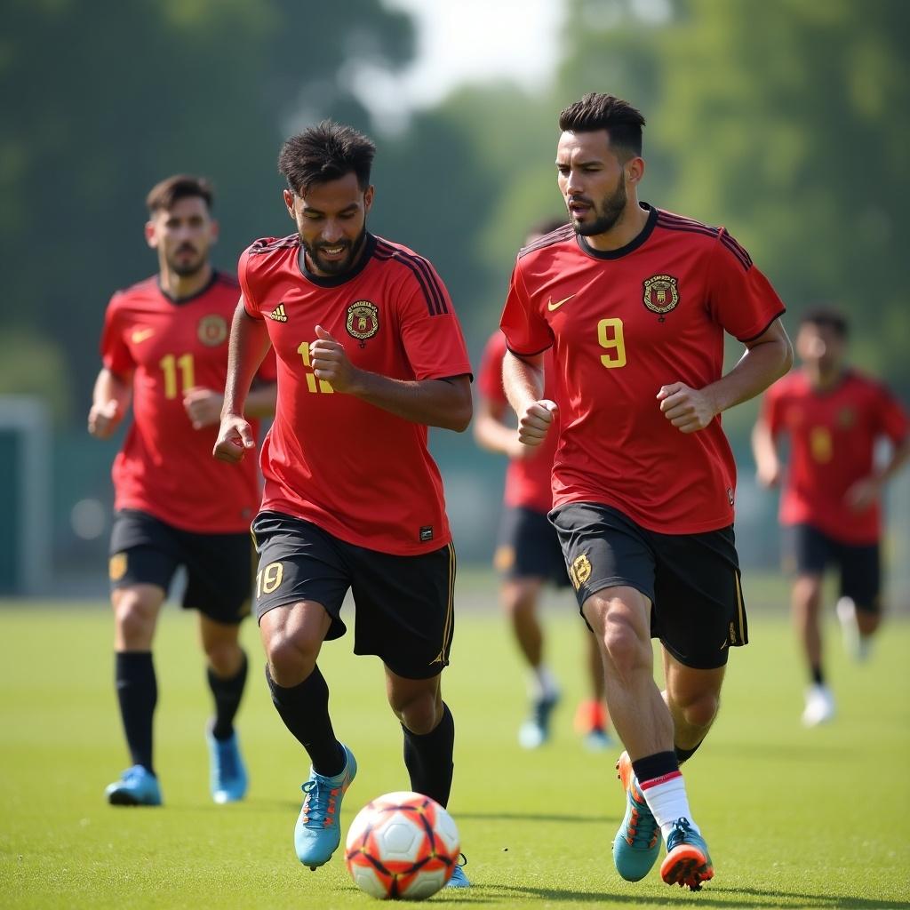 Football players engaged in a match wearing sporty jerseys. Group of athletes showing teamwork and focus. Bright outdoor setting with greenery in the background.