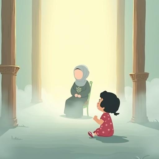 Illustration for a children's storybook with emotional atmosphere. Crying girl Layla on the ground in a foggy space. She has a pink dress with polka dots and short black ponytail. Silhouette of grandmother appears in a distant olive-green chair, wearing light grey hijab. Four wooden columns frame the scene, slightly faded. The entire scene is enveloped in soft fog, creating a dreamlike feel.