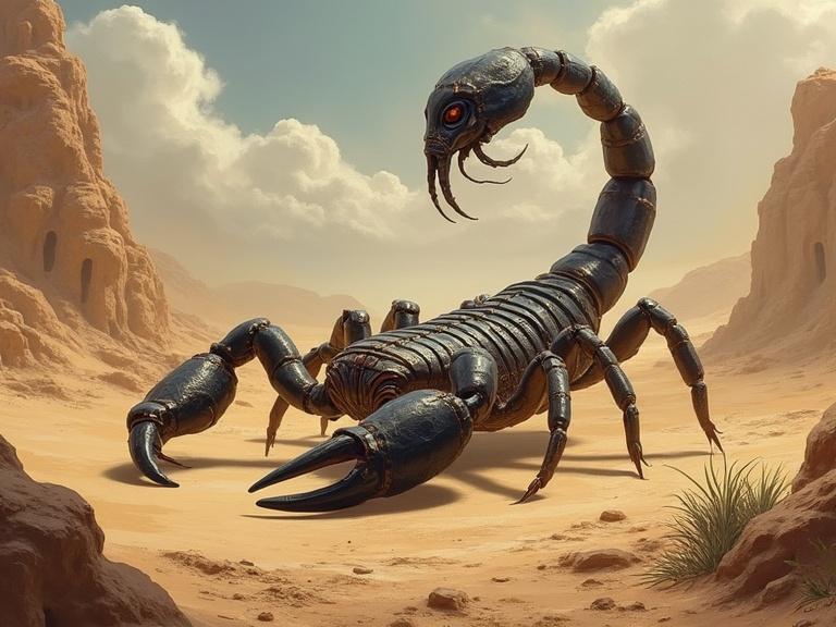 A giant scorpion stands in a desert ruin. The scorpion has a mechanical look with a metallic body and glowing eyes. The desert environment features soft, rolling sands and distant ruins.