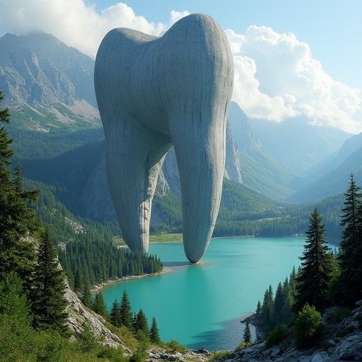 Massive shape resembling a giant human tooth. Tooth crown is a mountainous landscape with conifer forest, turquoise alpine lake, and spectacular waterfall flowing along the root. Emerges from low vaporous clouds.