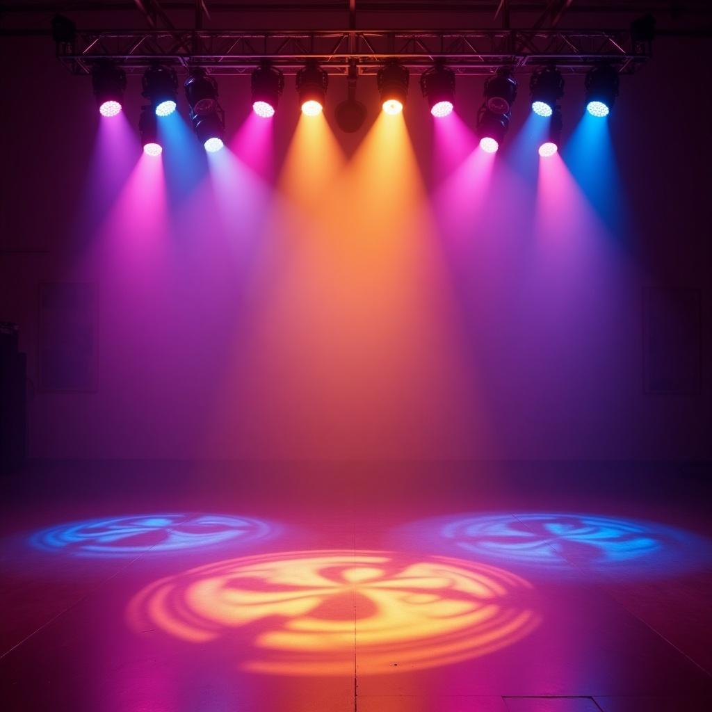 A stage designed for dancing with colorful lighting effects. Warm amber lights and soft pinks blend with cool blues. The floor displays circular patterns from the light. The atmosphere is vibrant and energetic.