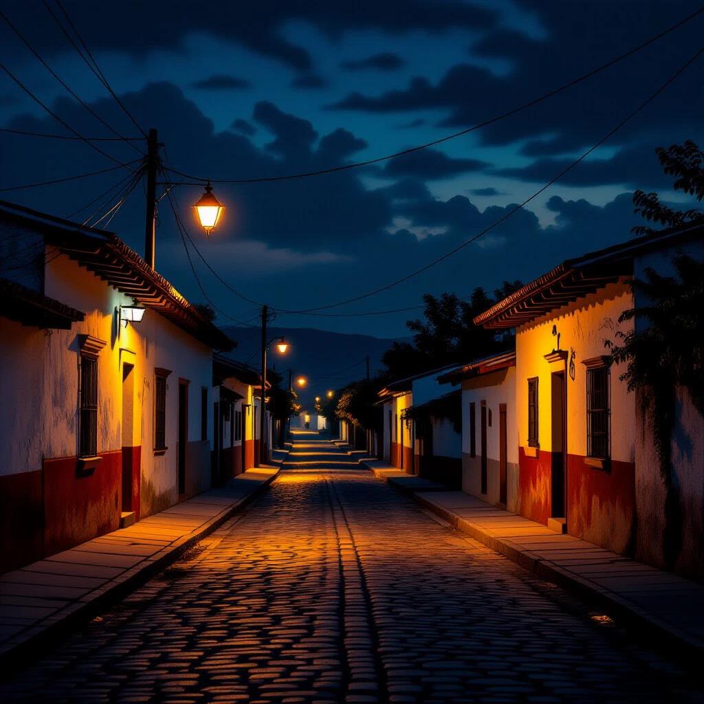 Corner view of a rural street in Mexico at night. Streetlights glow warmly. Rustic houses have textured walls. Cobblestone road leads through the scene. Deep shadows create an atmospheric effect.
