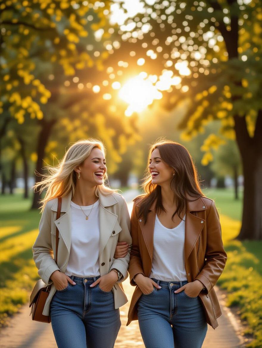 Two women stroll through a park. They laugh and share stories. A warm sunset creates a serene backdrop. This scene radiates feminine energy and connection. It signifies freedom and an aligned future.