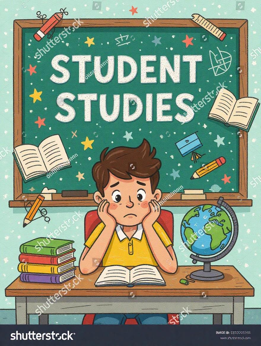 Cartoon illustration of student sitting at desk looking bored. Books and globe on desk. Classroom chalkboard background says 'STUDENT STUDIES'. Fun colors and playful style.