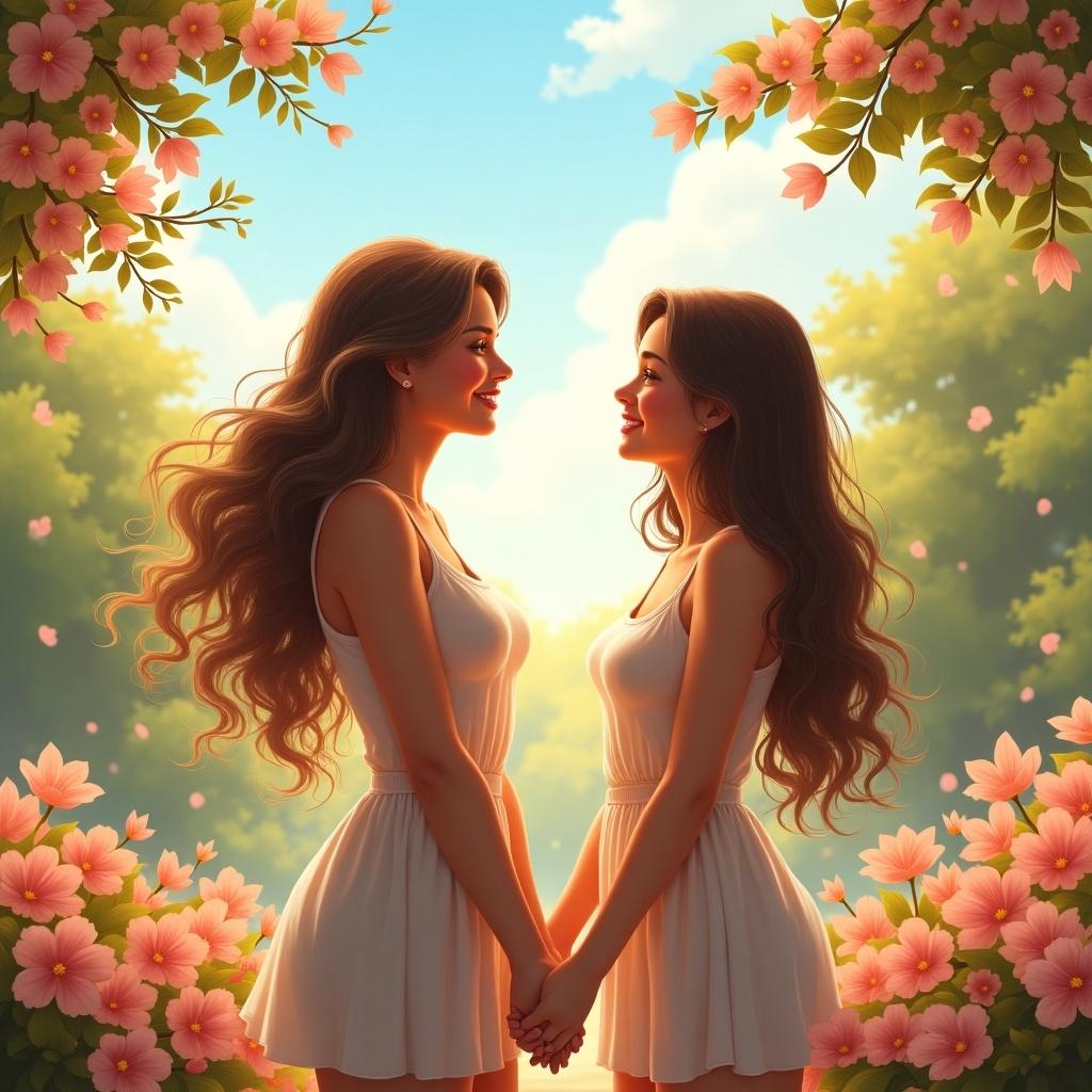 Two women stand facing each other holding hands surrounded by flowers. They share a warm smile. Soft sunlight casts a dreamy atmosphere. The scene reflects love and connection in nature.