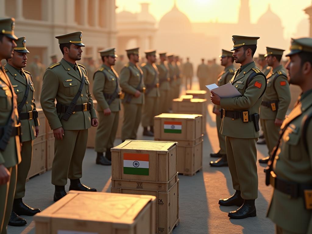Symbolic rendering of Indian soldiers examining foreign weapons. Crates labeled with Indian flags are present. Officers take notes while illuminated by sunlight from the side. Deep shadows create a dramatic effect. Image in ultra-realistic 4K quality with a bright, detailed background. Cinematic aspect ratio 16:9.