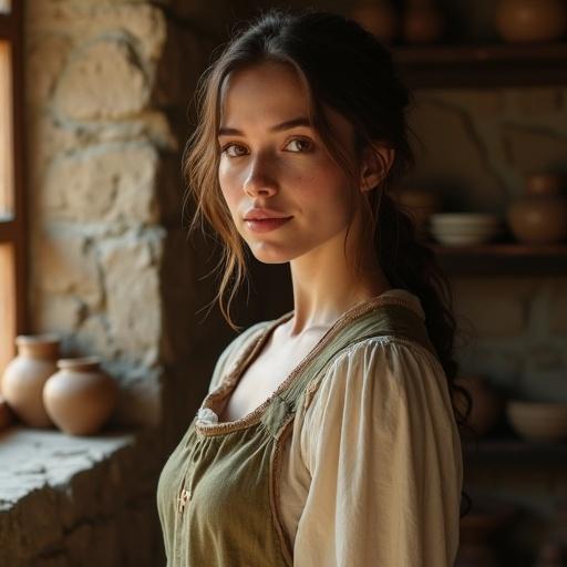Young woman stands in stone cottage. She is dressed in a modest medieval gown of earthy colors with a simple apron. Chestnut brown hair loosely tied. Scene is warmly lit, creating a calm atmosphere. Rustic details visible in the background.