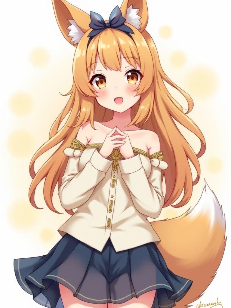 Anime illustration of a happy Kitsune girl with long copper blonde hair. She has light honey eyes and fair skin. The girl has a thin pear-shaped physique. Wearing a strapless ivory shirt with ivory sleeves. She has a short indigo skirt with gold accents. Her hair is adorned with a transparent indigo bow.