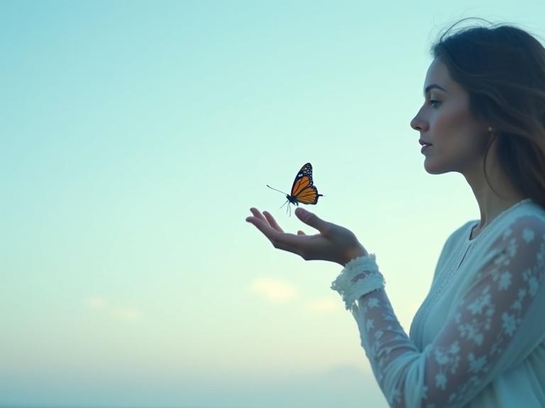 A woman holds a butterfly on her hand. The background is a soft, light sky blue. The image evokes serenity and spirituality. Realistic photography style, 50mm lens.