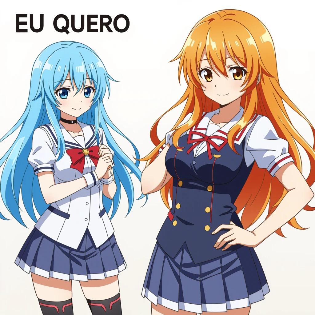 Anime illustration featuring two female characters. One has long orange hair wearing a school uniform. The other has medium blue hair in a similar uniform. Both characters are smiling and posed playfully against a light background.