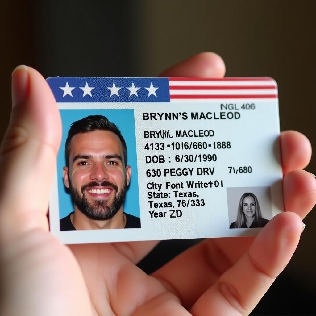 A government issued Texas ID card. Displayed in a person's hand. Shows name Brynn Macleod. Includes SSN, date of birth, and address. The ID features red, white, and blue colors with state symbols.