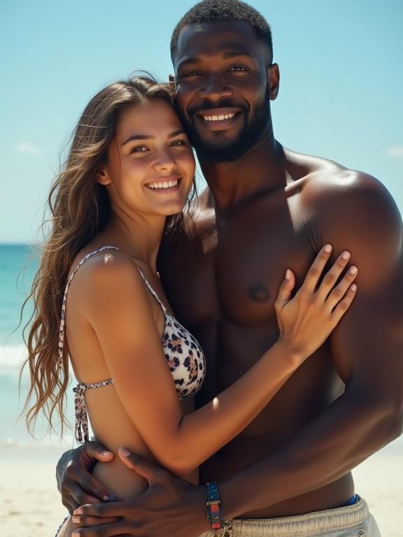 A couple stands on a beach. The woman wears a leopard print bikini. The man has a muscular build. They embrace each other and smile at the camera. The setting is sunny with an ocean backdrop. Their expressions convey happiness.