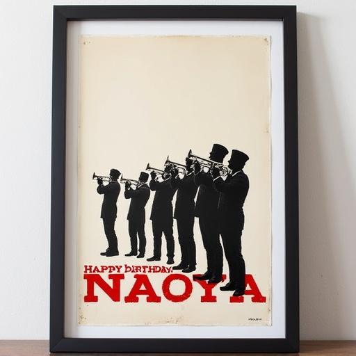 Framed poster featuring brass band members in silhouette. Bold red text says 'Happy Birthday, Naoya'.