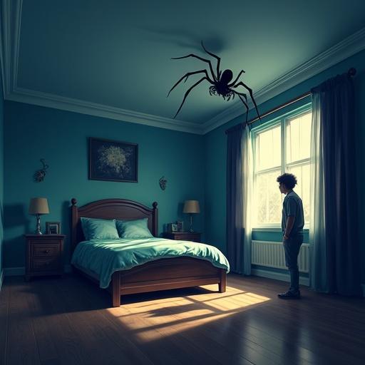 Realistic spider in bedroom corner. Person shows fear. Dramatic lighting enhances shadows. Semi-realistic illustration style.