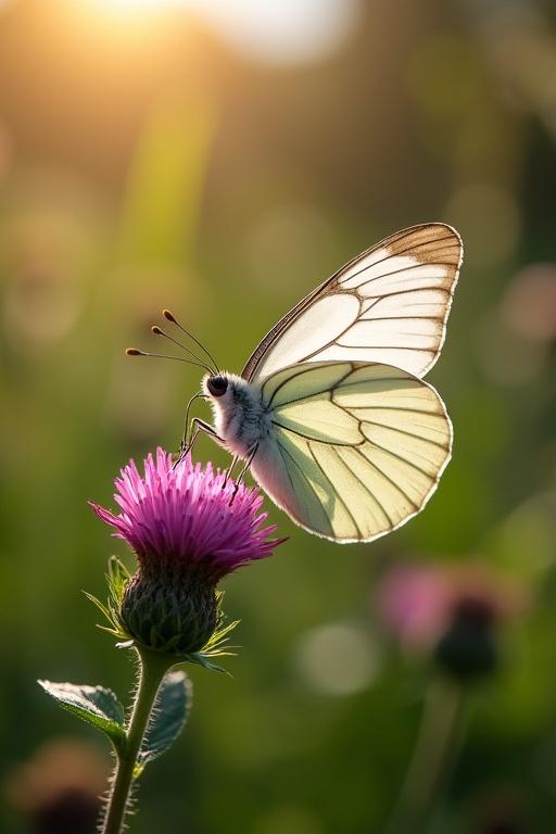 Butterfly has white wings perched on a dark pink flower. Sunlit garden background enhances beauty. Close-up captures delicate details.