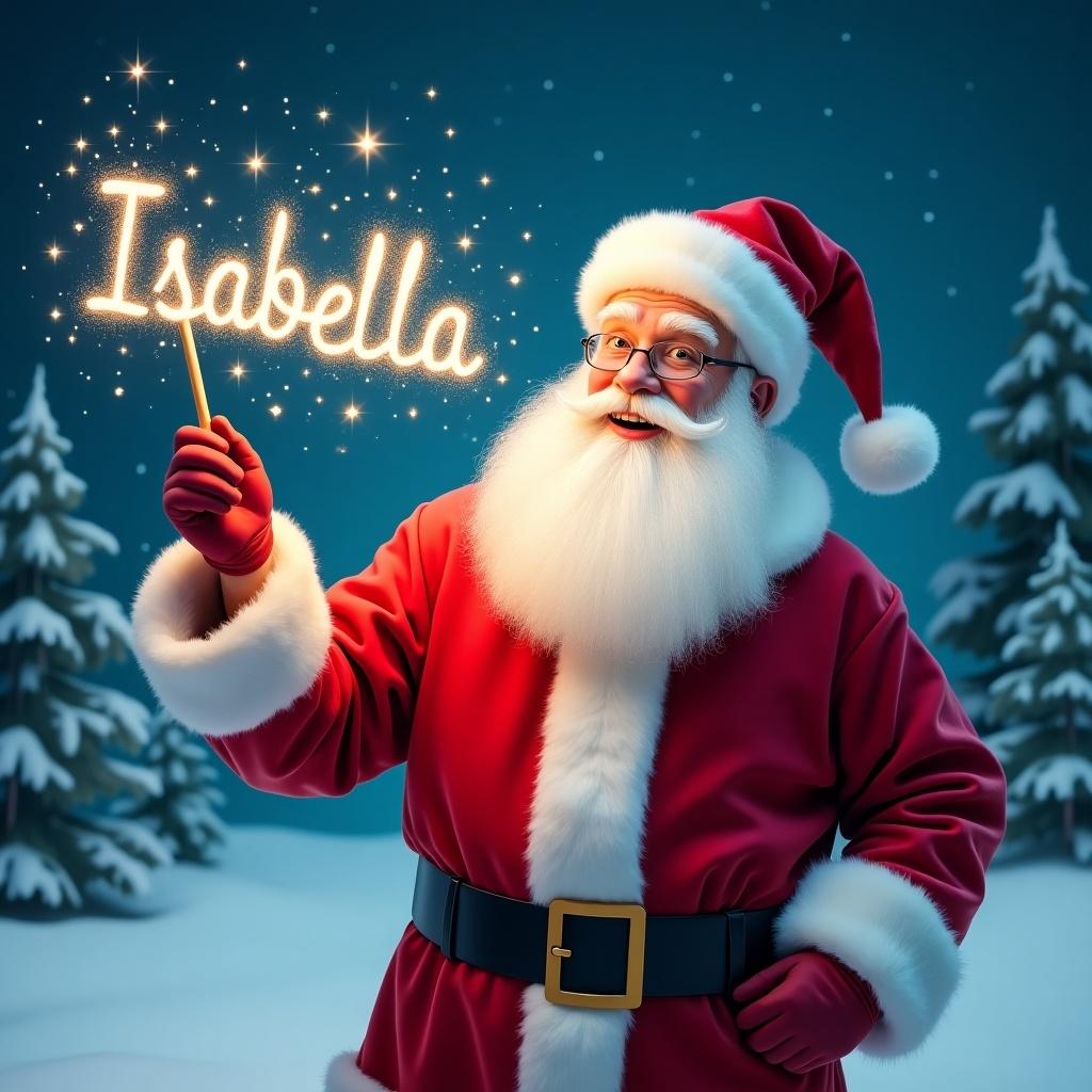 A jolly Santa Claus stands in a snowy landscape. He holds a magical wand that shines with sparkles. The name Isabella is written in the air. Santa wears a classic red suit with white fur trim and a matching hat. His eyes twinkle with joy, writing names in the sky. Behind him are evergreen trees and a starry night sky.