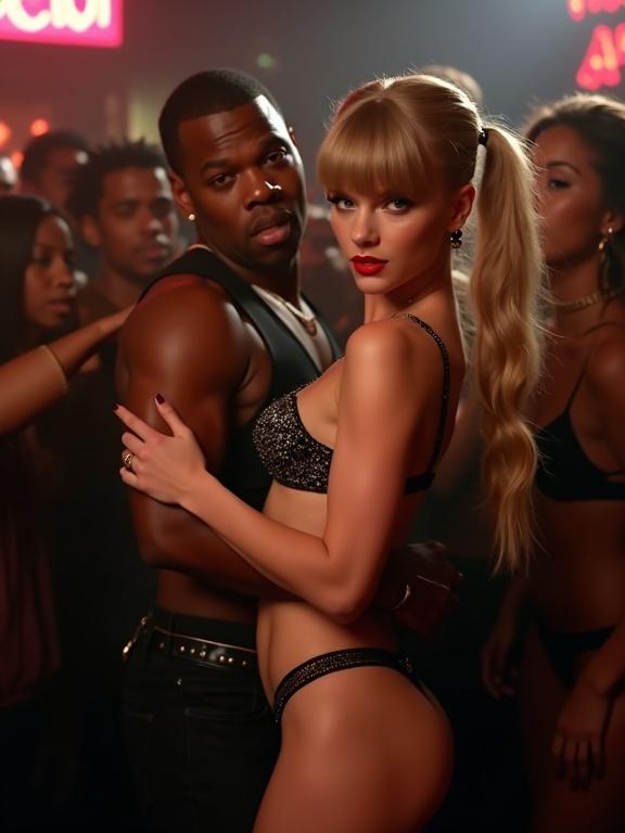 Nightclub music video scene featuring a couple. Woman has blonde bangs and long twintails. She holds a sign saying 'Freak Off - Taylors Version'. Close together with the man who is a rapper. Woman appears intoxicated. Full body shot in a crowded club.