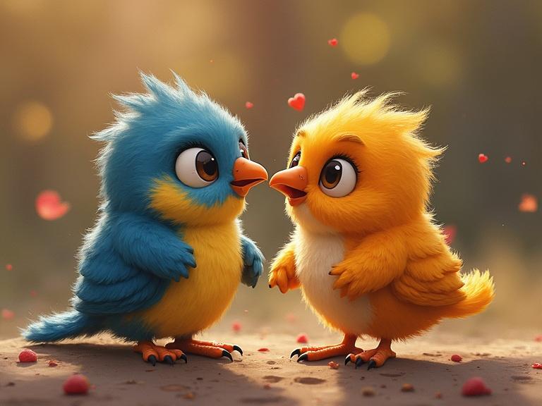 Two cartoon birds in soft colors gaze into each other’s eyes. One bird is blue, the other is yellow. Background is warm and intimate with heart shapes.