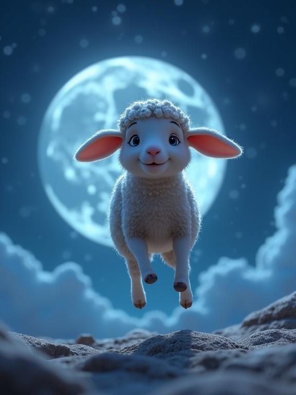 A cute animated lamb jumps joyfully against a bright full moon in a starry night sky. The lamb is designed in Pixar style, showcasing its soft wool and cheerful expression. The scene is whimsical and cinematic, evoking a sense of joy and wonder.