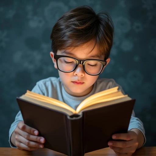 A student wearing glasses reads a book that appears to float in front of him. The pages of the book turn by themselves. The background is softly blurred, creating a dreamy reading atmosphere.