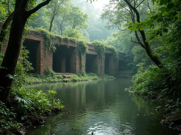 Abandoned ancient Indian city in a jungle with worm brick structures. The area is flooded and overgrown with dense vegetation.