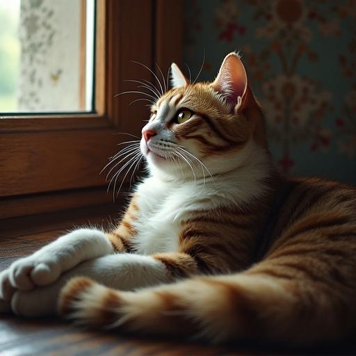 Cat next to a window looking out, with soft lighting. There is a hint of a monitor reflected nearby.