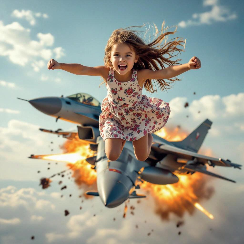 Young girl with long hair flying through the sky wearing a dress. She is punching a fighter jet causing an explosion. Head-on view.