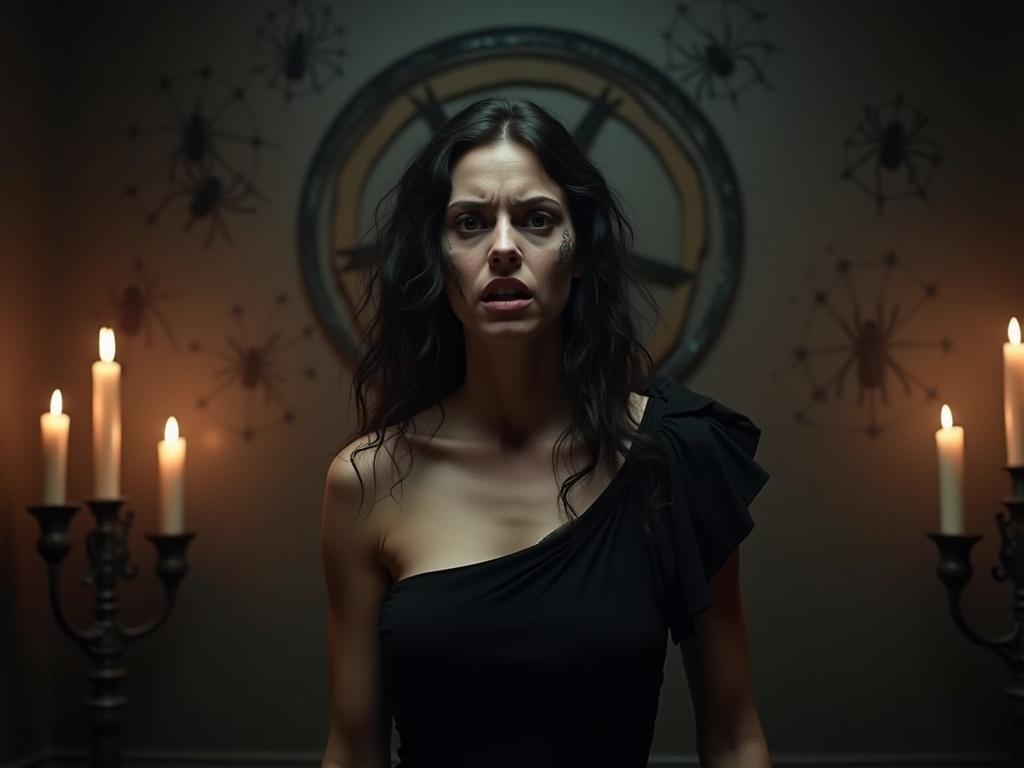 The image features a terrified woman with a pale complexion, dark, wavy hair, and a striking expression of horror. She wears a black, one-shoulder dress that contrasts sharply with her exposed, gaunt chest, suggesting a supernatural or horrifying transformation. The setting is dimly lit, with flickering candles casting eerie shadows, and there's a dark backdrop featuring a spider web and pentagram symbols. The scene is dramatic, filled with fog or smoke that enhances the unsettling atmosphere.