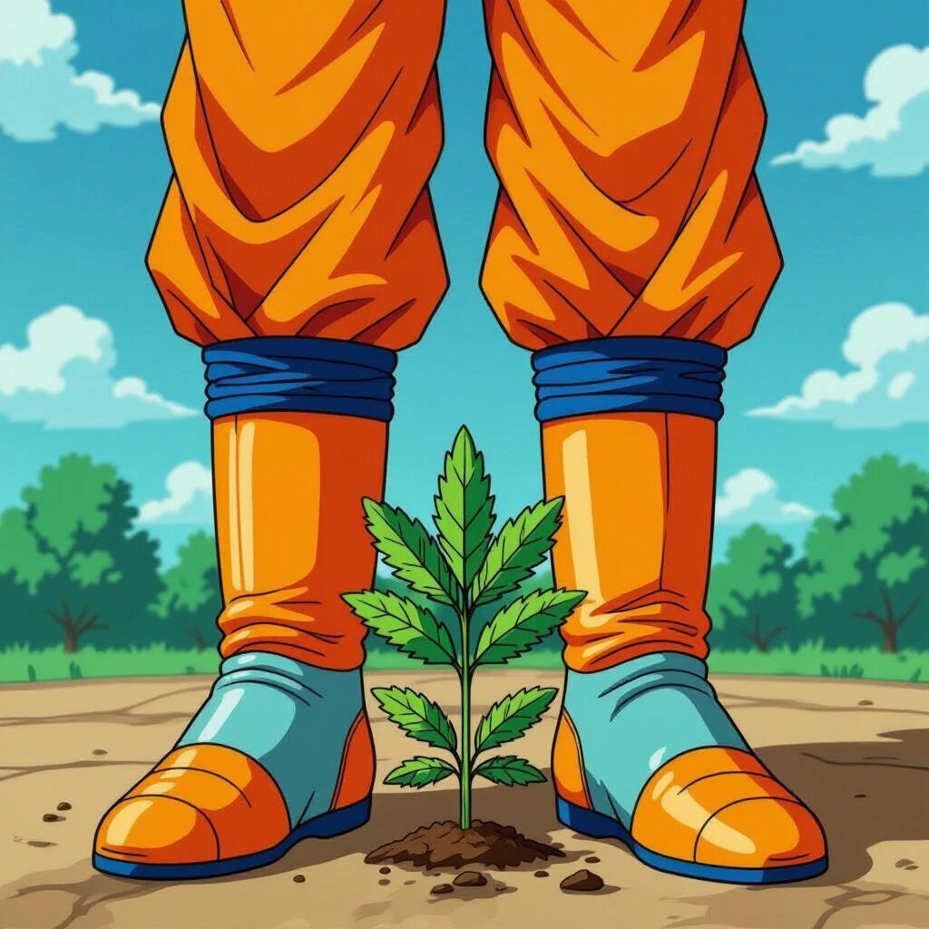 Anime character standing with feet on the ground. The character wears orange clothing with blue accents. A green plant grows between the character's feet on the soil. The background features a bright blue sky and green landscape.