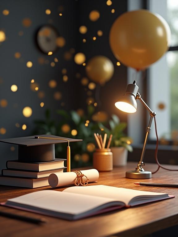 Realistic study desk setup. Stacked books beside an open notebook. Scattered pens and pencils around. Glowing desk lamp providing light. Graduation cap placed on top of books. Diploma scroll lies on the desk. Surrounded by golden confetti and balloons. Elegant modern background with soft depth of field and natural lighting.