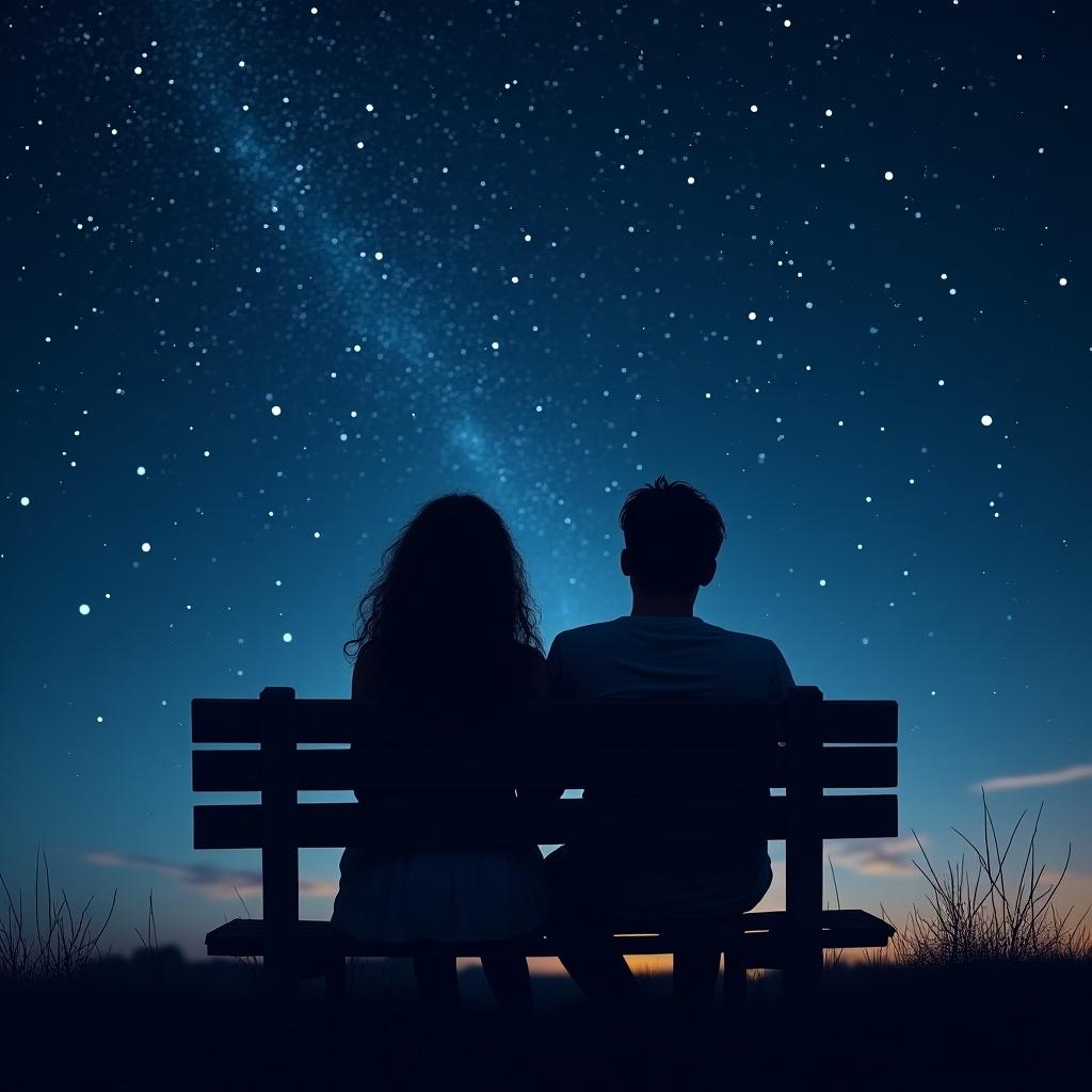 Romantic scene features couple enjoying starry night. They sit on bench, gazing at expansive night sky filled with stars. Draco constellation visible. Couples silhouettes highlighted by soft light. Peaceful moment captures beauty of love and nature under stars. Girl has wavy hair.