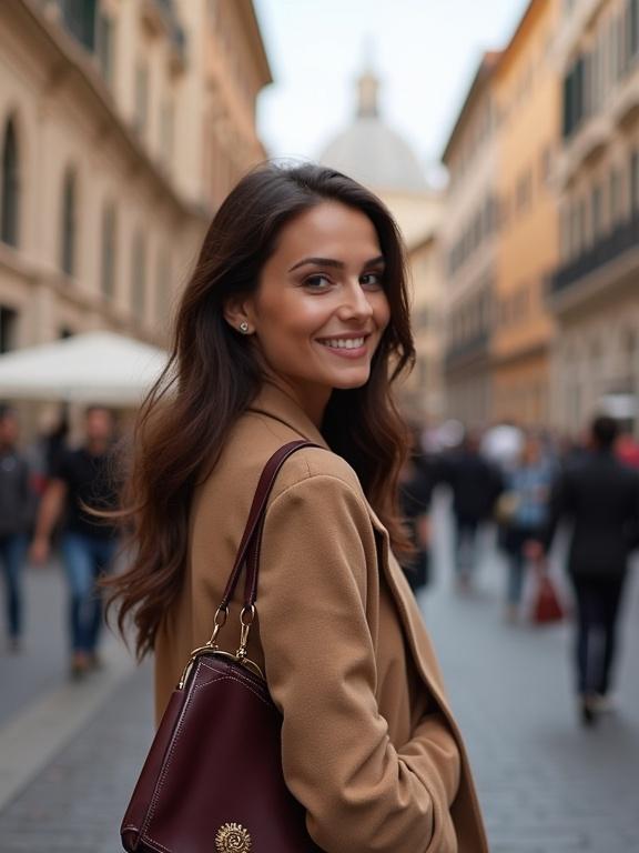Brunette woman smiling in a street in Rome. She wears a stylish coat and holds a handbag. The scene shows historic buildings in the background.