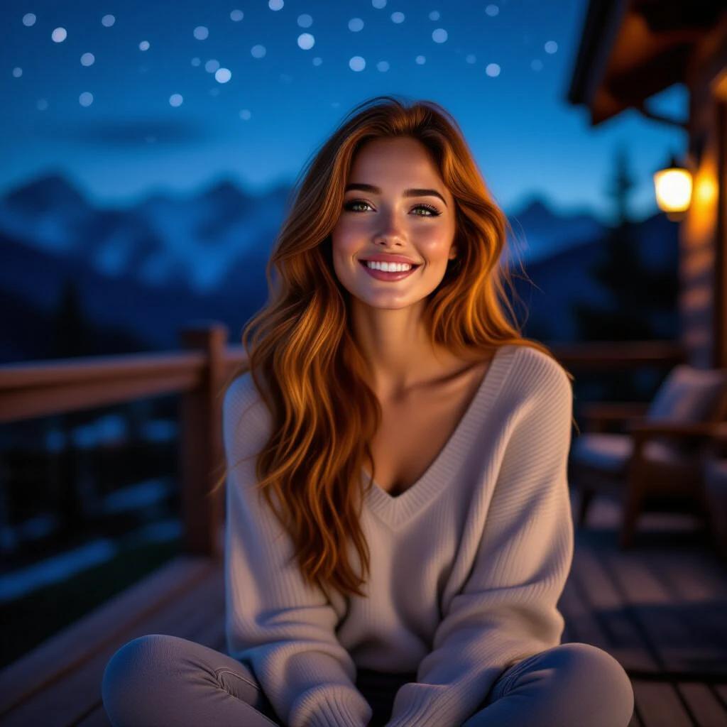 Young woman sitting on the deck of a mountain cabin at night. Starry sky illuminates the scene. Long red hair flows down. Pale smooth skin with freckles is visible. She wears a V-neck sweater and high-waisted flared leggings. A soft smile enhances her bright green eyes. The depth of field is shallow highlighting her presence against the background.