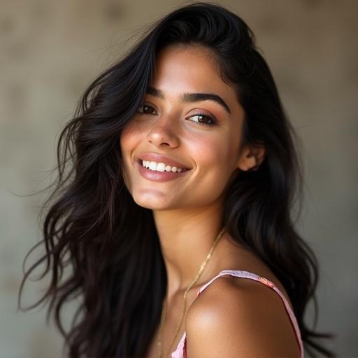 A beautiful portrait of a female model. Her long hair flows elegantly. The background is softly blurred. The model wears a chic outfit and casual expression. Natural lighting highlights the beauty of the scene.